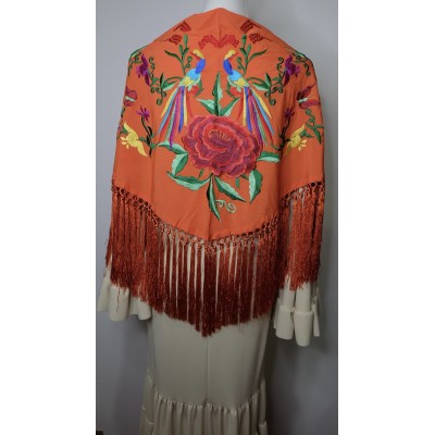 Manton begoña naranja bordado de pajaros