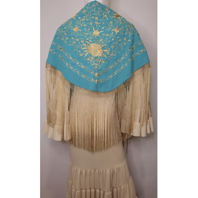 Mantón de seda Andrea Azul borodado en dorado
