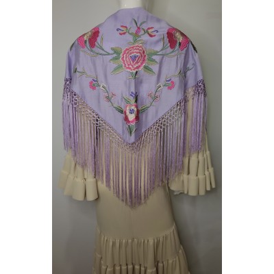 Mantón de seda lila Bordado en tonos rosas