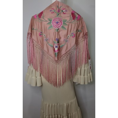 Mantón de seda rosa Bordado en tonos rosas