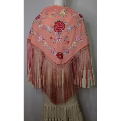 Mantón de seda Andrea Rosa con bordado en colores varios