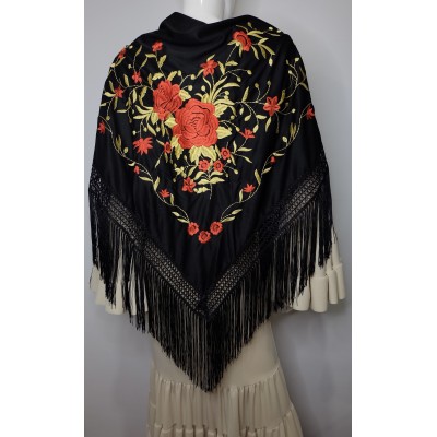 Mantón negro bordado en rojo y dorado