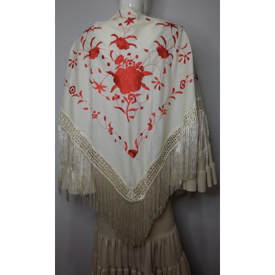 Mantón beig bordado rojo