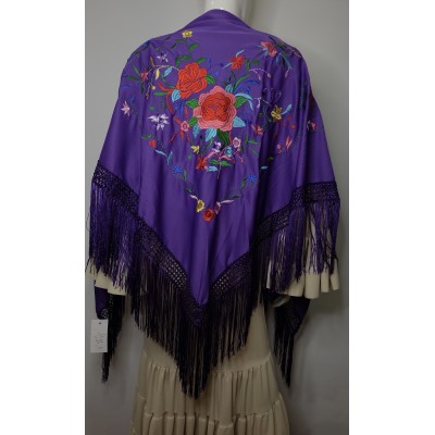 Mantón bordado y flecado a máquina grande