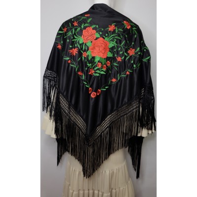 Mantón bordado y flecado a máquina grande