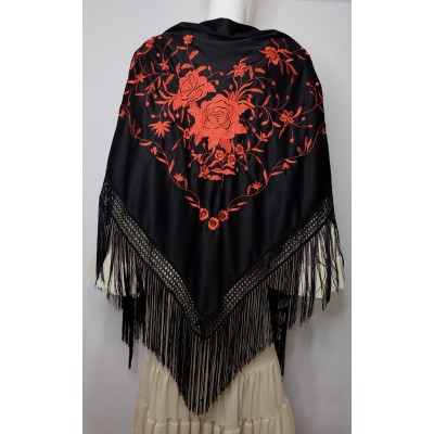 Mantón bordado y flecado a máquina grande