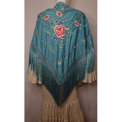 Mantón turquesa bordado en tonos varios