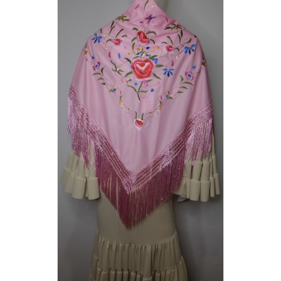 Mantón rosa palo bordado en tonos varios