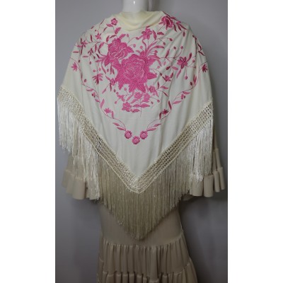 Mantón beig bordado en rosa